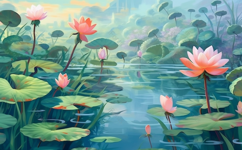 国风绿色荷花盛开清新自然插画背景,插画/手绘图,插画/手绘图库,插画/手绘图下载,插画/手绘